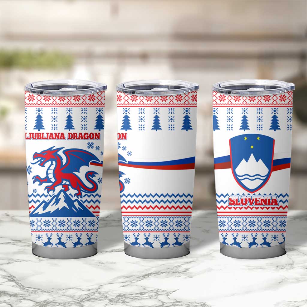 Slovenian Winter Tumbler Cup Ljubljana Dragon with Nordic Snowflakes and Alpine Vibes