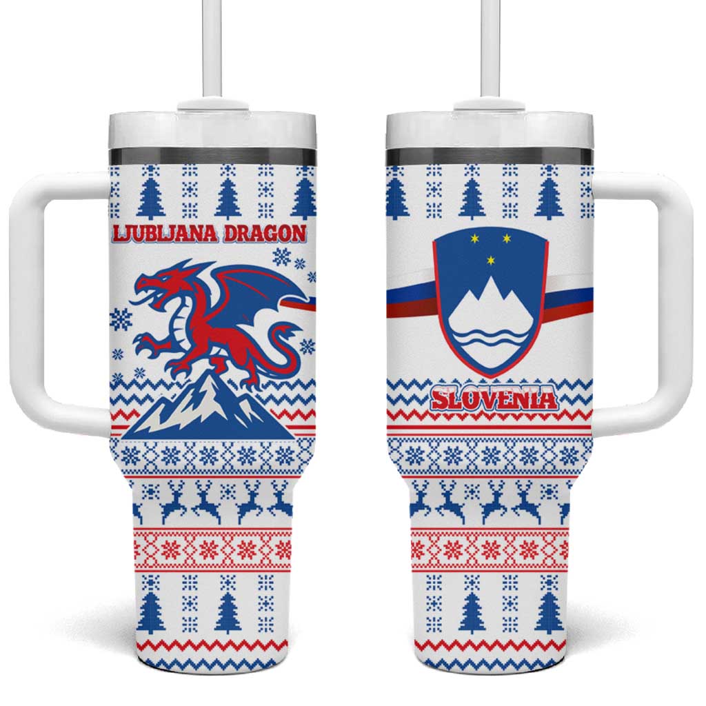 Slovenian Winter Tumbler With Handle Ljubljana Dragon with Nordic Snowflakes and Alpine Vibes