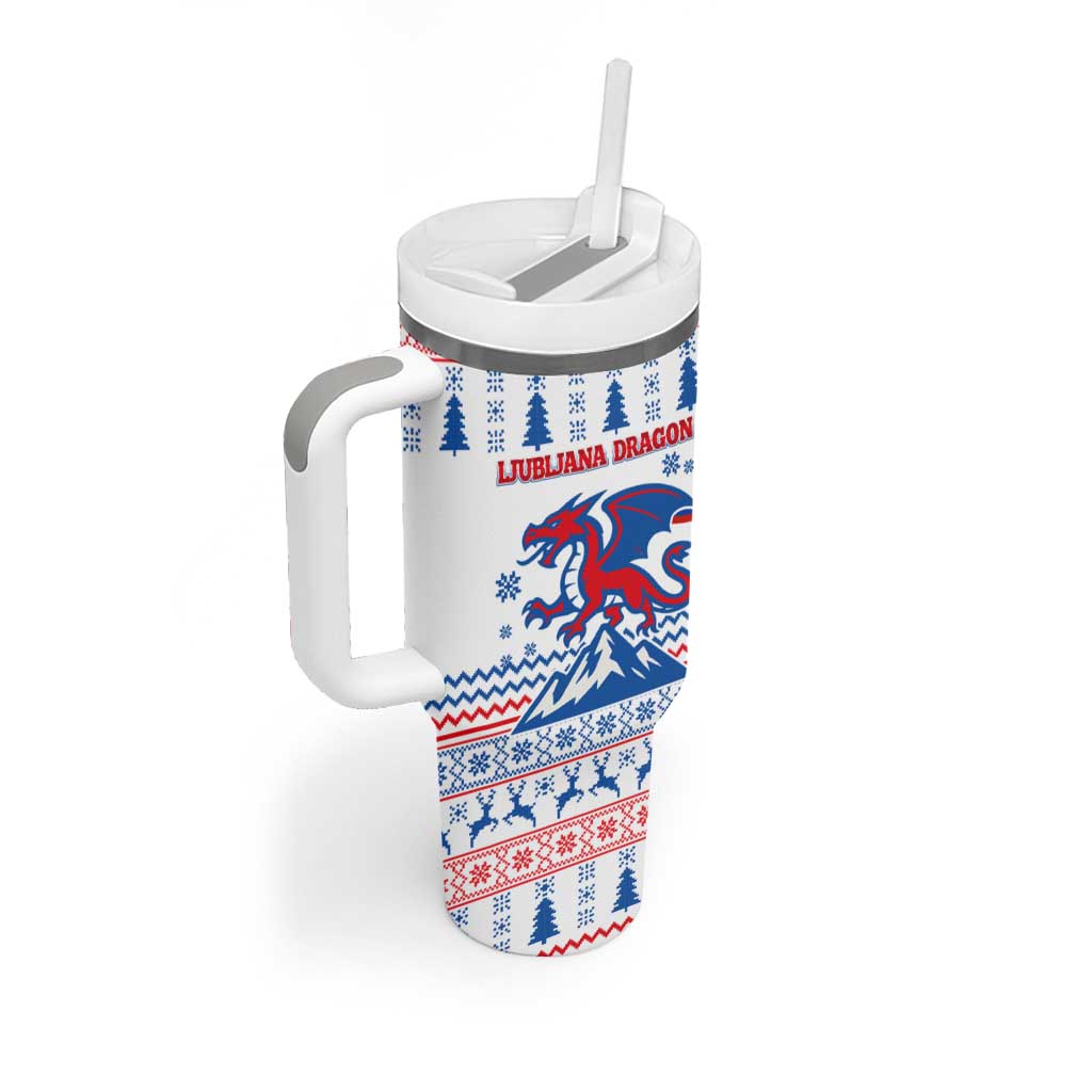 Slovenian Winter Tumbler With Handle Ljubljana Dragon with Nordic Snowflakes and Alpine Vibes