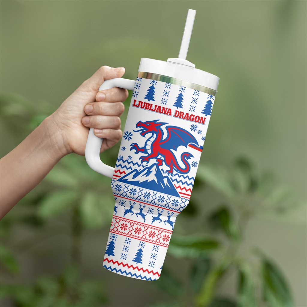 Slovenian Winter Tumbler With Handle Ljubljana Dragon with Nordic Snowflakes and Alpine Vibes