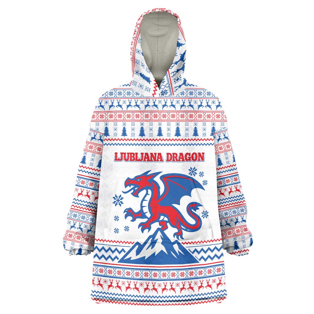 Slovenian Winter Wearable Blanket Hoodie Ljubljana Dragon with Nordic Snowflakes and Alpine Vibes