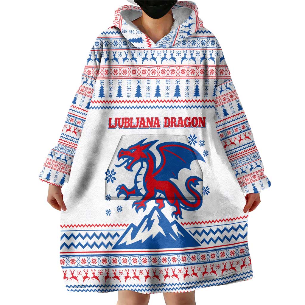 Slovenian Winter Wearable Blanket Hoodie Ljubljana Dragon with Nordic Snowflakes and Alpine Vibes