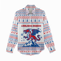 Slovenian Winter Women Casual Shirt Ljubljana Dragon with Nordic Snowflakes and Alpine Vibes