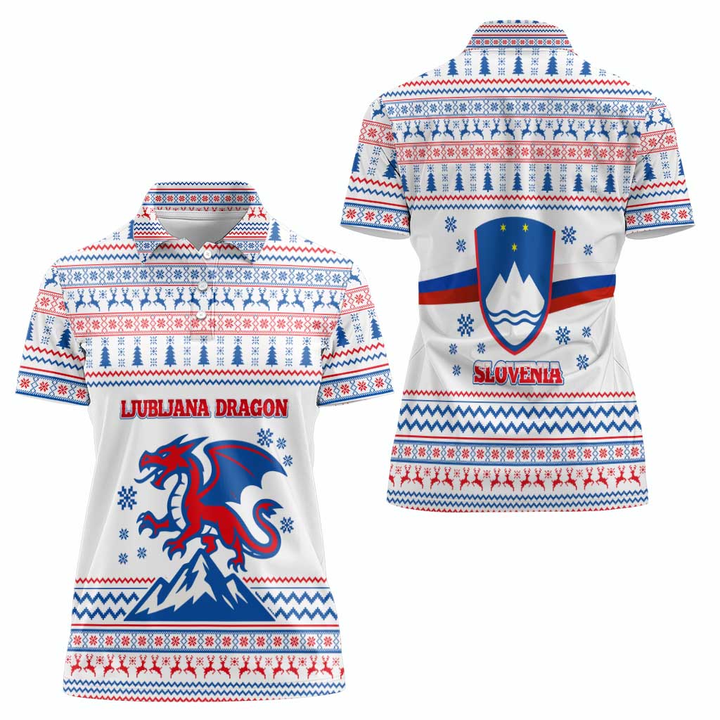 Slovenian Winter Women Polo Shirt Ljubljana Dragon with Nordic Snowflakes and Alpine Vibes