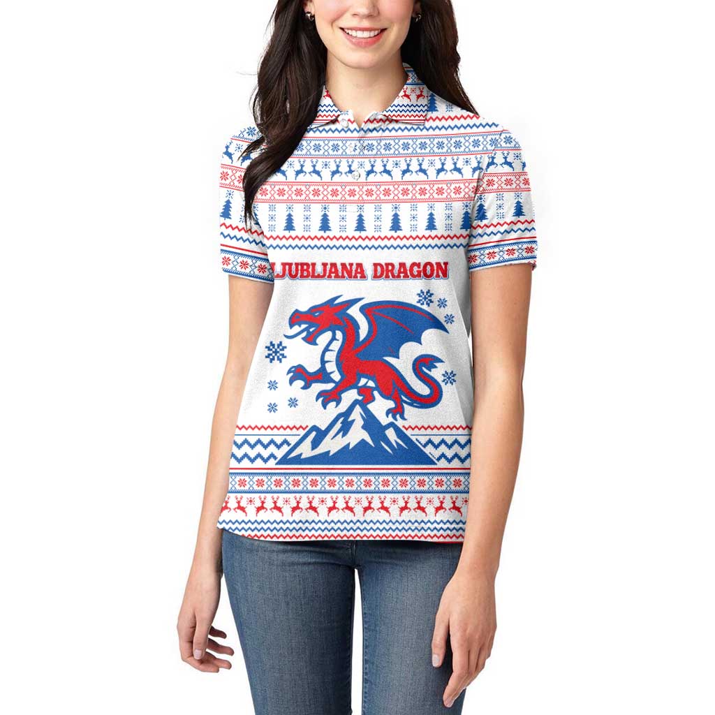 Slovenian Winter Women Polo Shirt Ljubljana Dragon with Nordic Snowflakes and Alpine Vibes