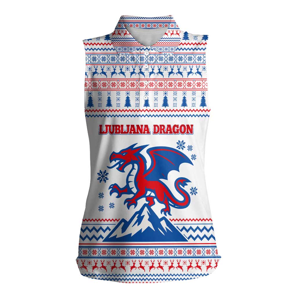 Slovenian Winter Women Sleeveless Polo Shirt Ljubljana Dragon with Nordic Snowflakes and Alpine Vibes