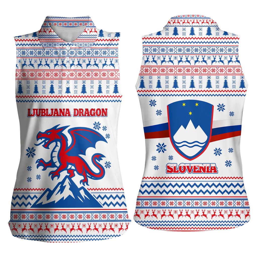 Slovenian Winter Women Sleeveless Polo Shirt Ljubljana Dragon with Nordic Snowflakes and Alpine Vibes