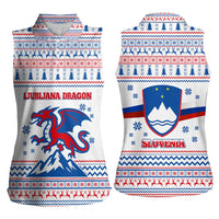 Slovenian Winter Women Sleeveless Polo Shirt Ljubljana Dragon with Nordic Snowflakes and Alpine Vibes