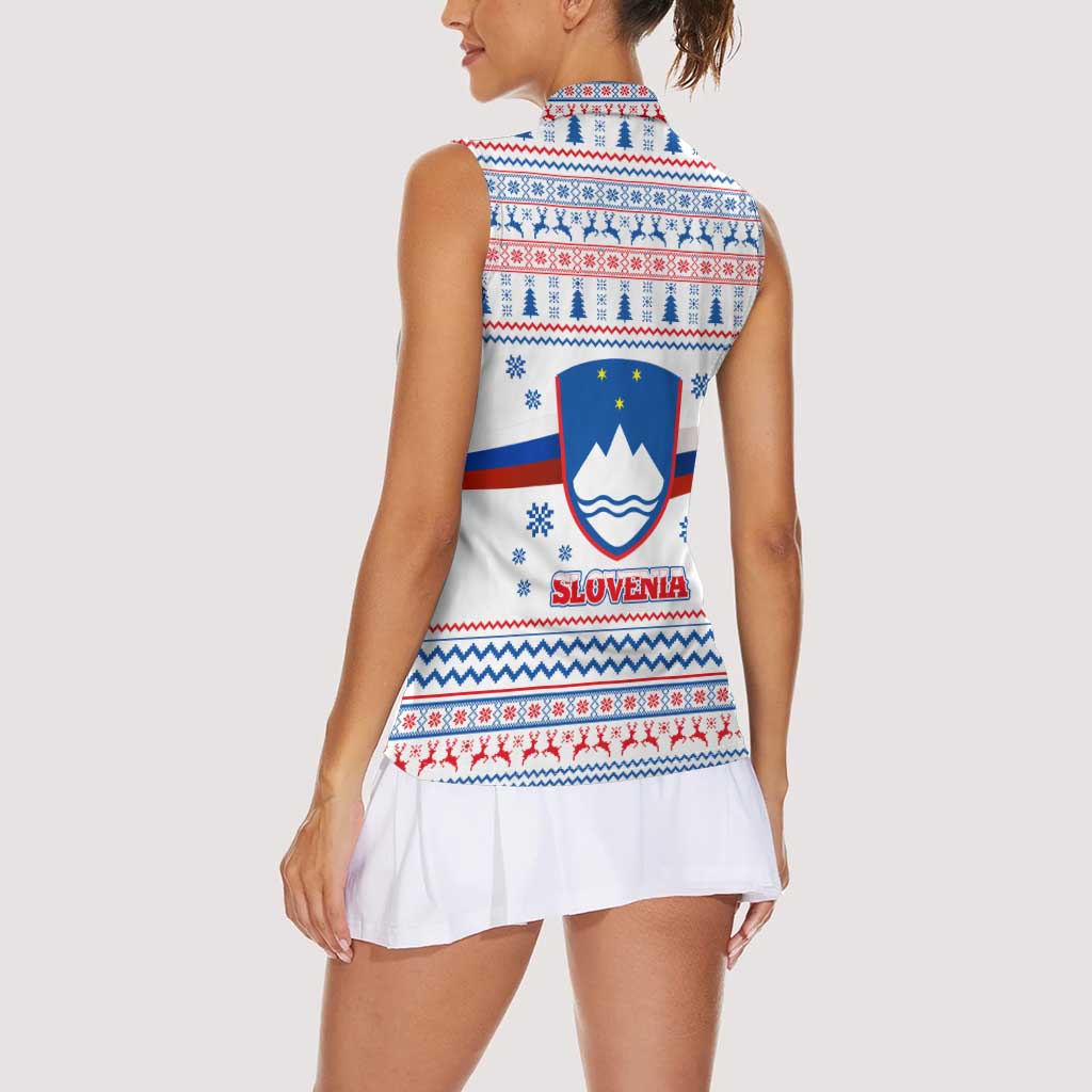 Slovenian Winter Women Sleeveless Polo Shirt Ljubljana Dragon with Nordic Snowflakes and Alpine Vibes