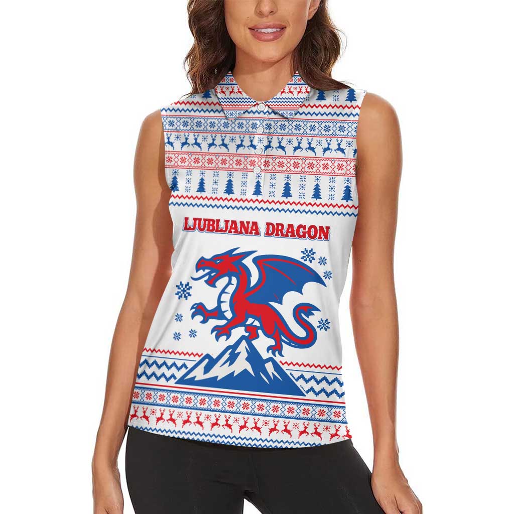 Slovenian Winter Women Sleeveless Polo Shirt Ljubljana Dragon with Nordic Snowflakes and Alpine Vibes