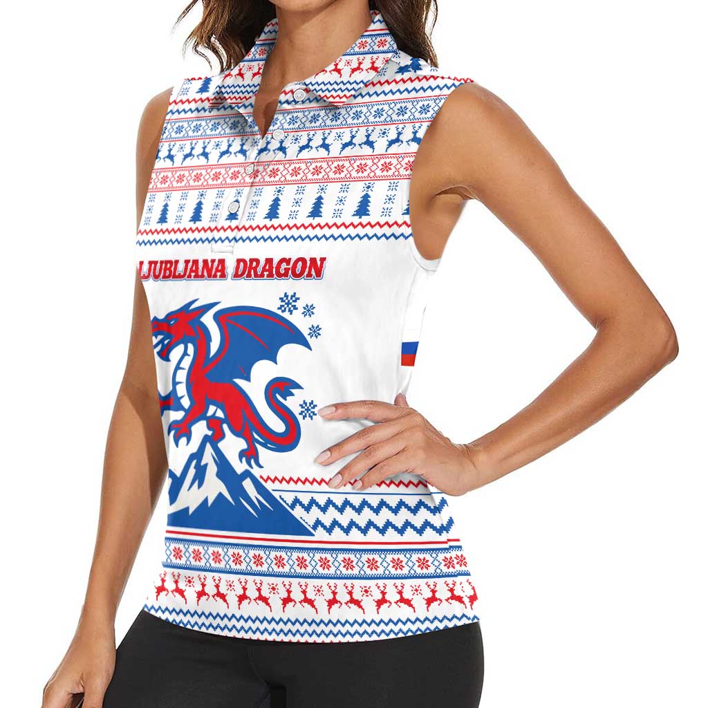 Slovenian Winter Women Sleeveless Polo Shirt Ljubljana Dragon with Nordic Snowflakes and Alpine Vibes