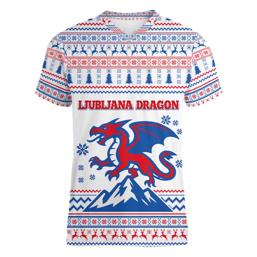 Slovenian Winter Women V-Neck T-Shirt Ljubljana Dragon with Nordic Snowflakes and Alpine Vibes
