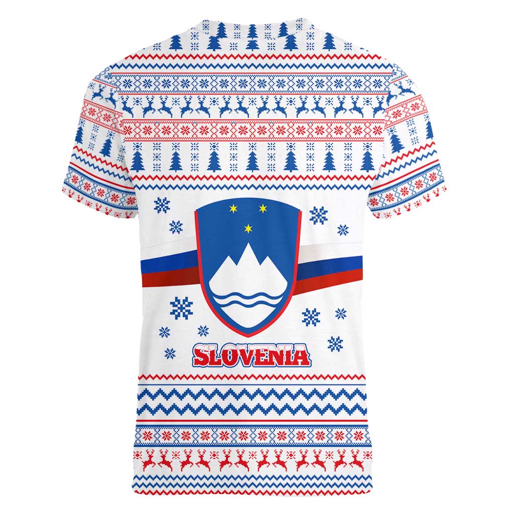 Slovenian Winter Women V-Neck T-Shirt Ljubljana Dragon with Nordic Snowflakes and Alpine Vibes