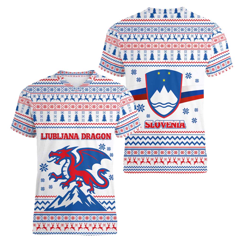 Slovenian Winter Women V-Neck T-Shirt Ljubljana Dragon with Nordic Snowflakes and Alpine Vibes