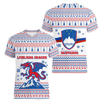 Slovenian Winter Women V-Neck T-Shirt Ljubljana Dragon with Nordic Snowflakes and Alpine Vibes