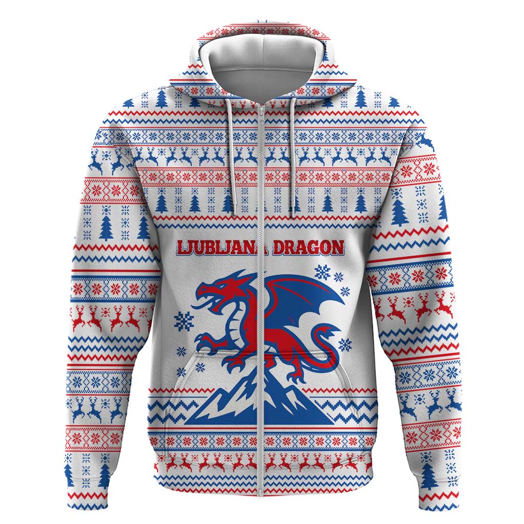 Slovenian Winter Zip Hoodie Ljubljana Dragon with Nordic Snowflakes and Alpine Vibes