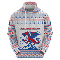 Slovenian Winter Zip Hoodie Ljubljana Dragon with Nordic Snowflakes and Alpine Vibes