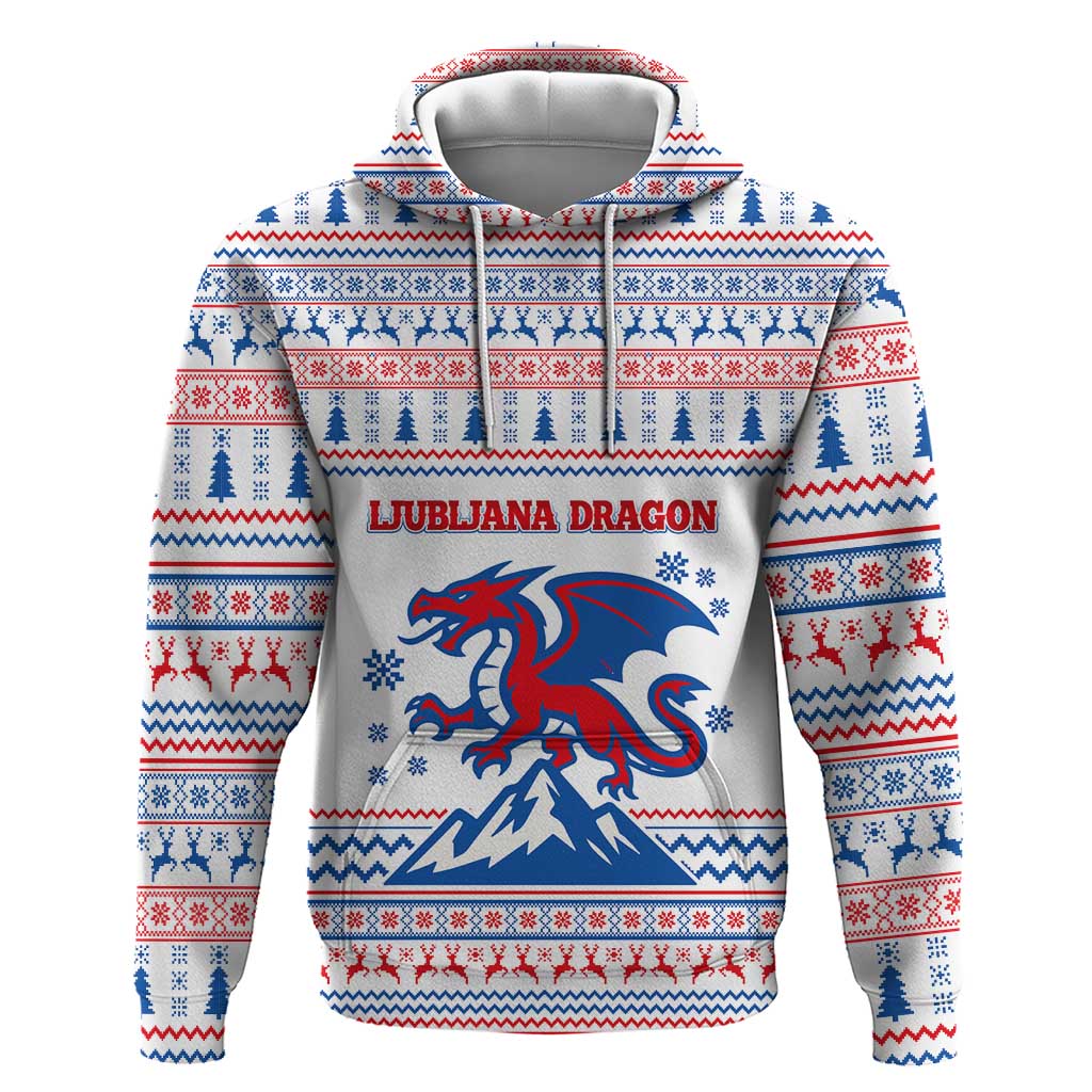 Slovenian Winter Zip Hoodie Ljubljana Dragon with Nordic Snowflakes and Alpine Vibes