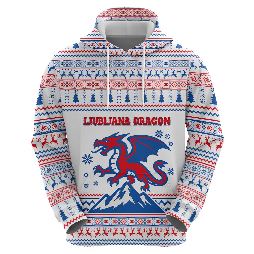 Slovenian Winter Zip Hoodie Ljubljana Dragon with Nordic Snowflakes and Alpine Vibes