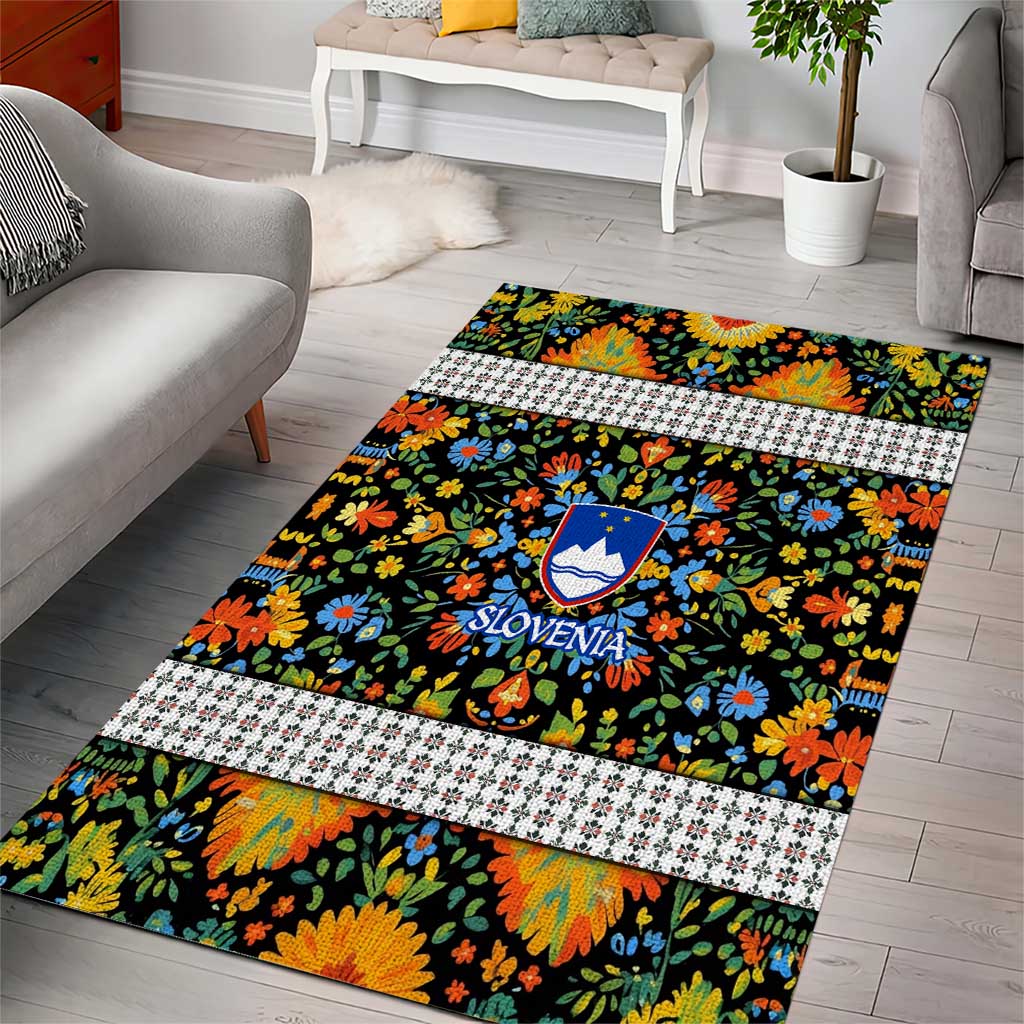 Slovenia Folk Art Area Rug Bright Floral Pattern with National Crest Emblem
