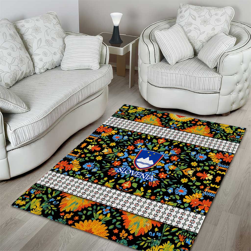 Slovenia Folk Art Area Rug Bright Floral Pattern with National Crest Emblem