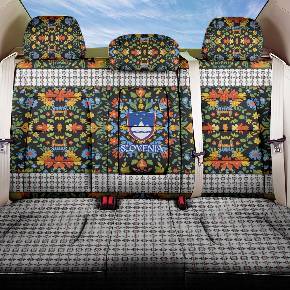 Slovenia Folk Art Back Car Seat Cover Bright Floral Pattern with National Crest Emblem