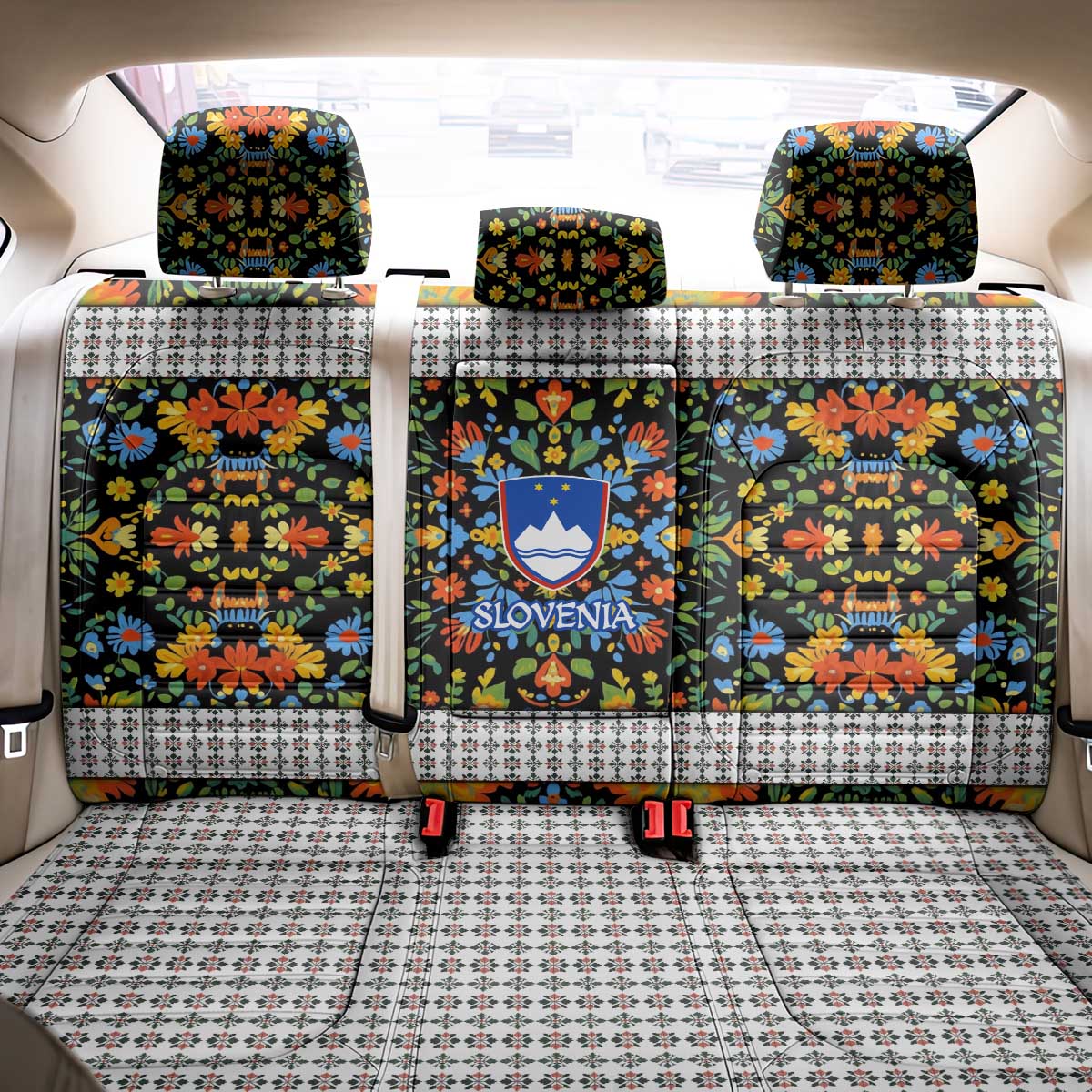 Slovenia Folk Art Back Car Seat Cover Bright Floral Pattern with National Crest Emblem