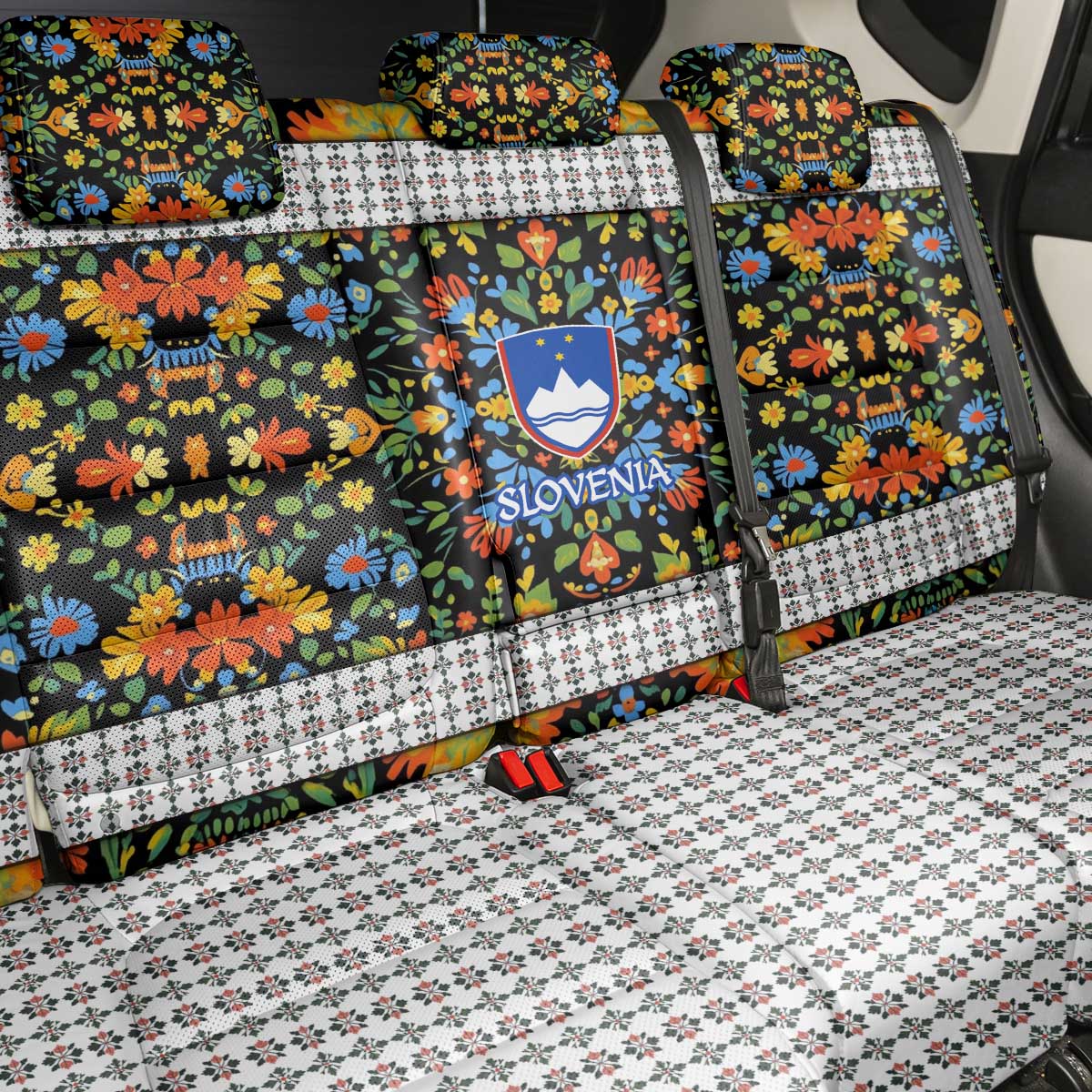 Slovenia Folk Art Back Car Seat Cover Bright Floral Pattern with National Crest Emblem