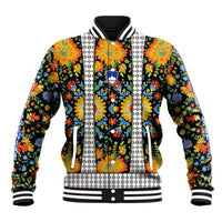 Slovenia Folk Art Baseball Jacket Bright Floral Pattern with National Crest Emblem