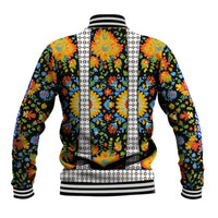 Slovenia Folk Art Baseball Jacket Bright Floral Pattern with National Crest Emblem