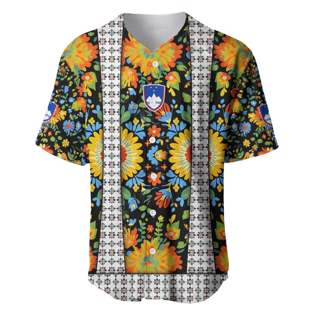 Slovenia Folk Art Baseball Jersey Bright Floral Pattern with National Crest Emblem