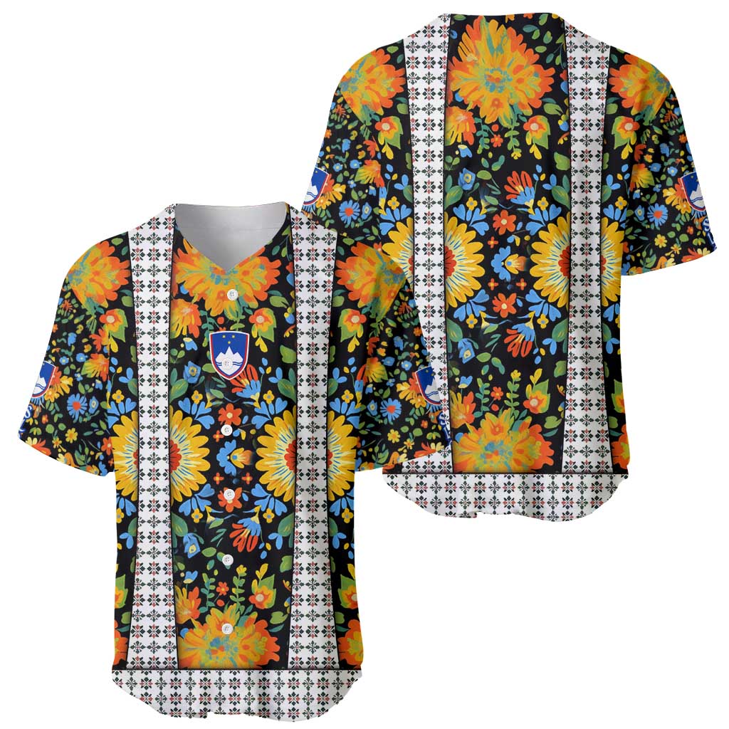 Slovenia Folk Art Baseball Jersey Bright Floral Pattern with National Crest Emblem