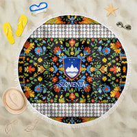 Slovenia Folk Art Beach Blanket Bright Floral Pattern with National Crest Emblem