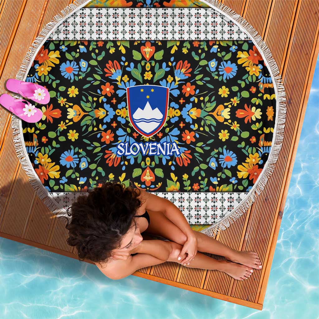 Slovenia Folk Art Beach Blanket Bright Floral Pattern with National Crest Emblem