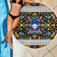 Slovenia Folk Art Beach Blanket Bright Floral Pattern with National Crest Emblem