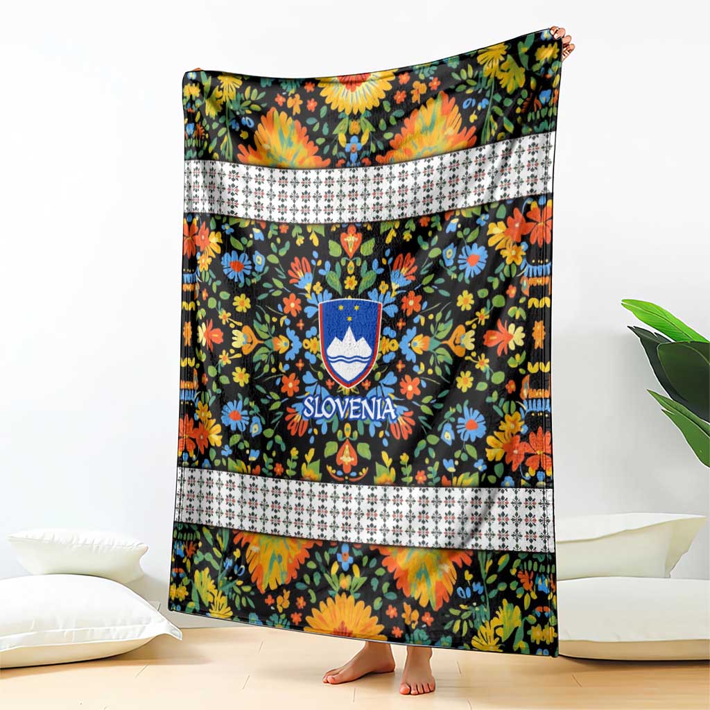 Slovenia Folk Art Blanket Bright Floral Pattern with National Crest Emblem