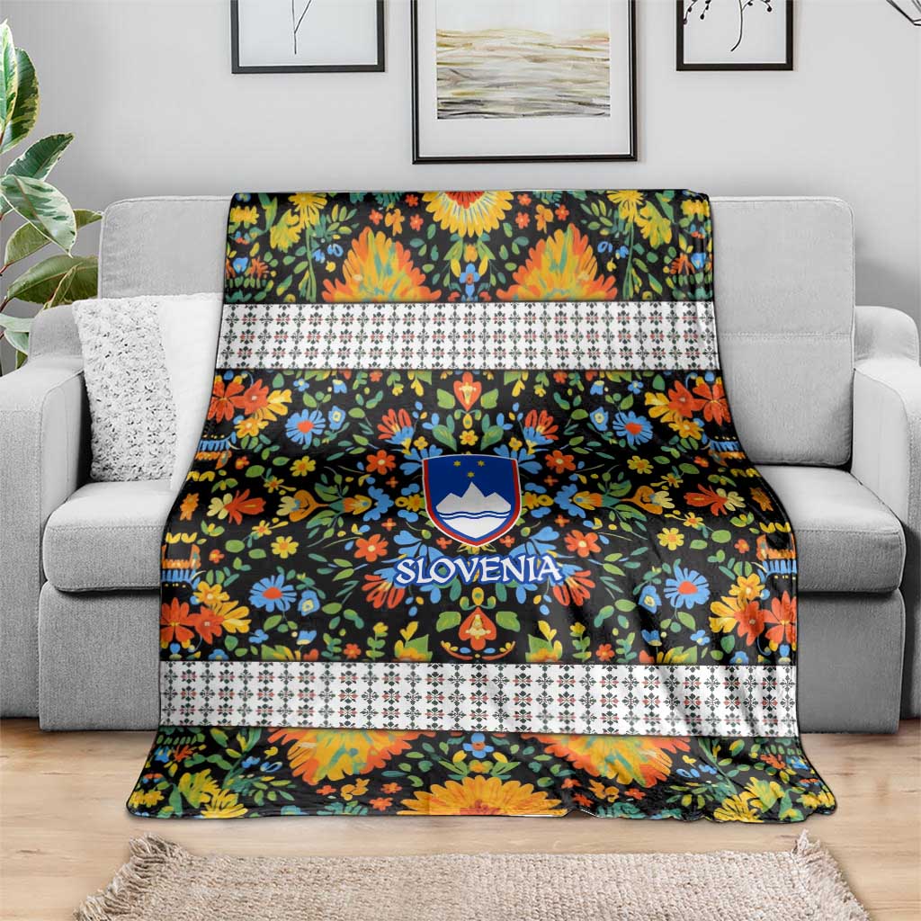 Slovenia Folk Art Blanket Bright Floral Pattern with National Crest Emblem