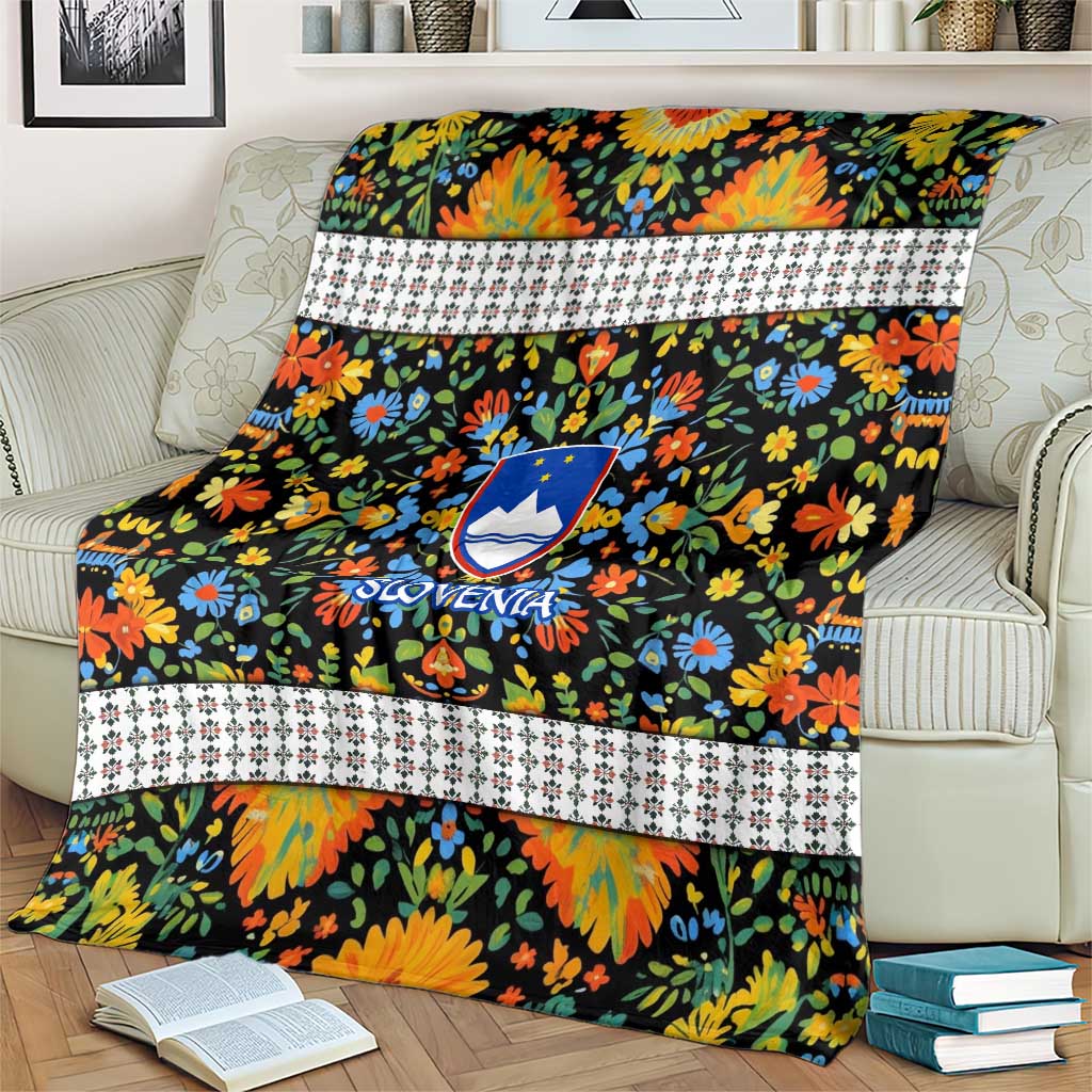 Slovenia Folk Art Blanket Bright Floral Pattern with National Crest Emblem