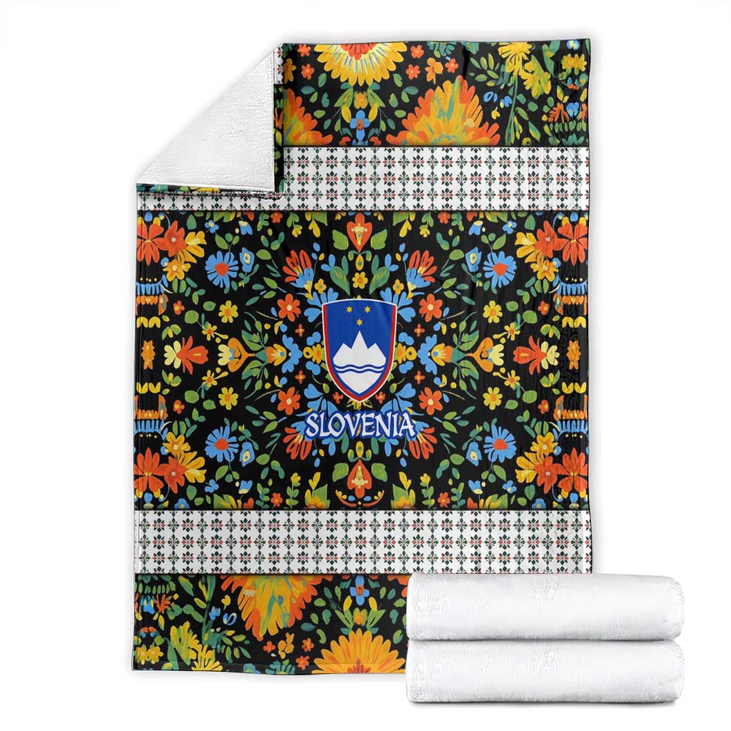 Slovenia Folk Art Blanket Bright Floral Pattern with National Crest Emblem