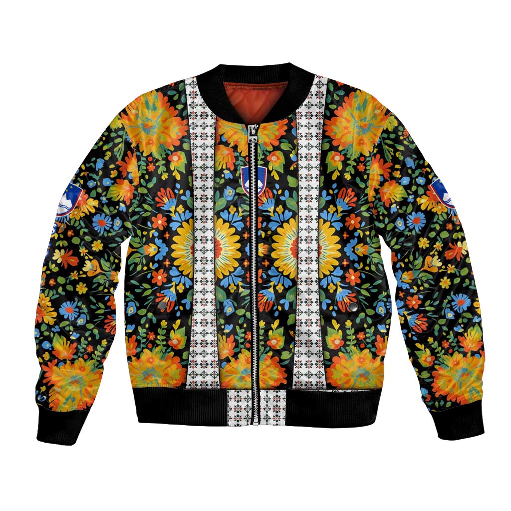 Slovenia Folk Art Bomber Jacket Bright Floral Pattern with National Crest Emblem