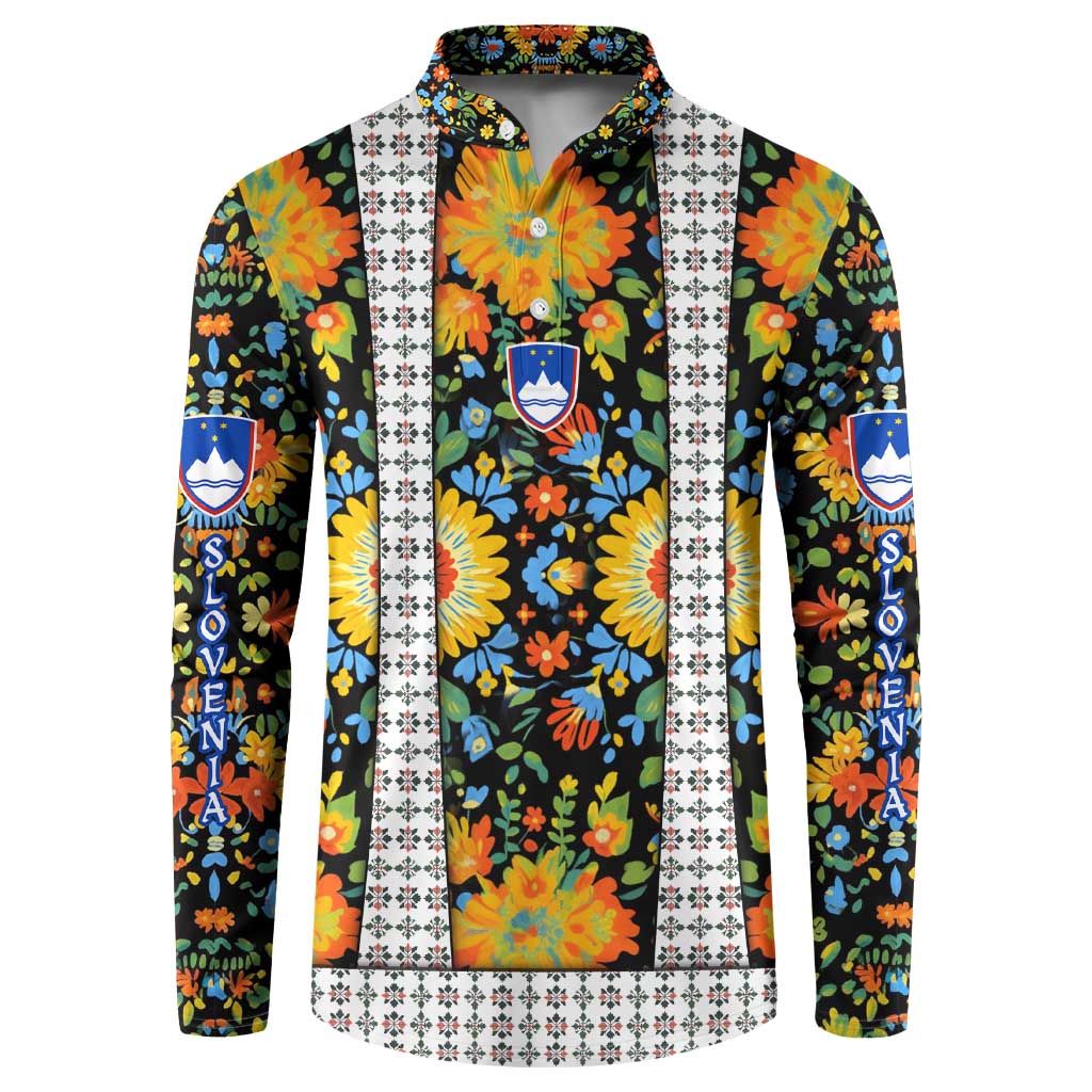 Slovenia Folk Art Button Sweatshirt Bright Floral Pattern with National Crest Emblem