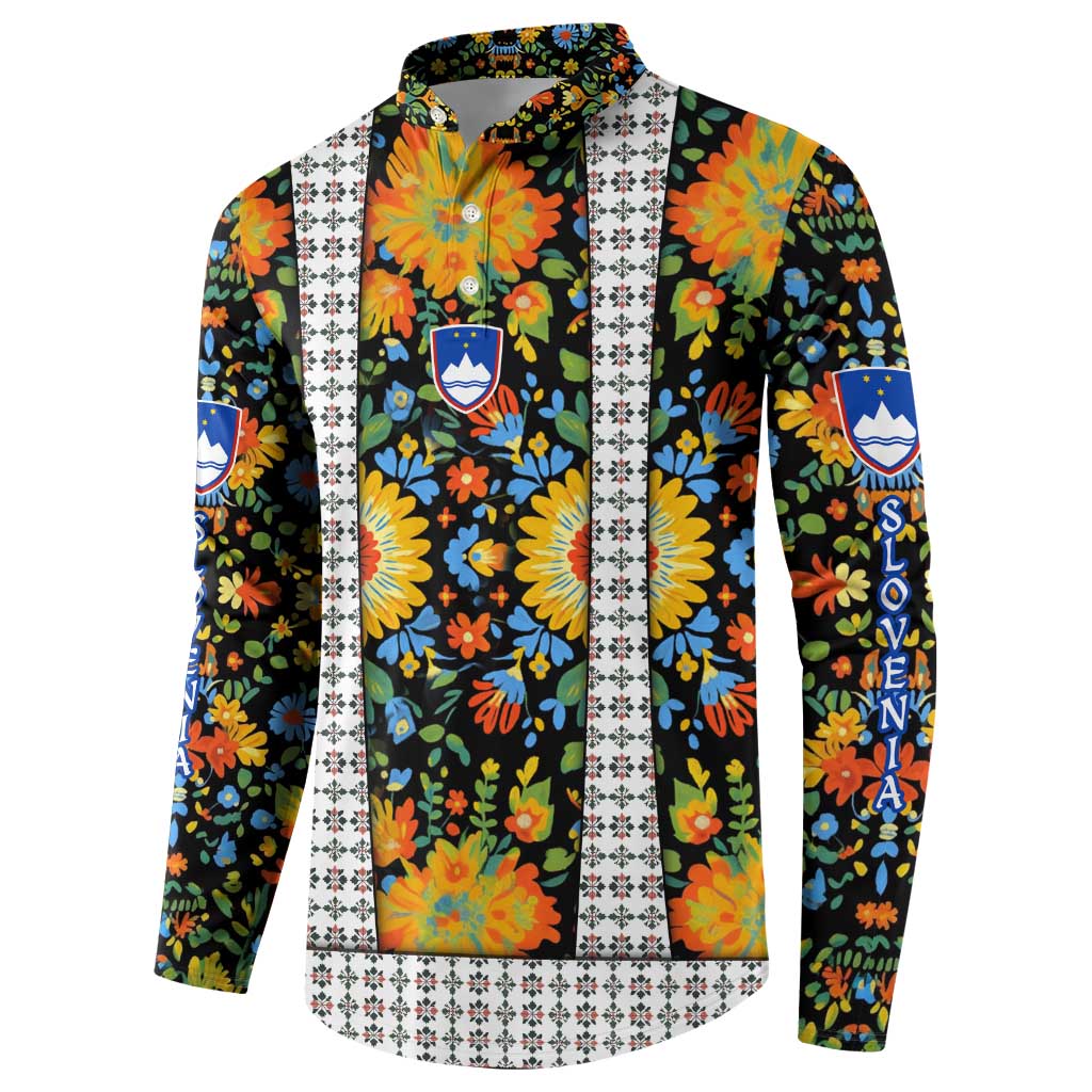 Slovenia Folk Art Button Sweatshirt Bright Floral Pattern with National Crest Emblem