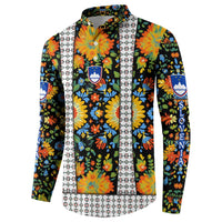 Slovenia Folk Art Button Sweatshirt Bright Floral Pattern with National Crest Emblem