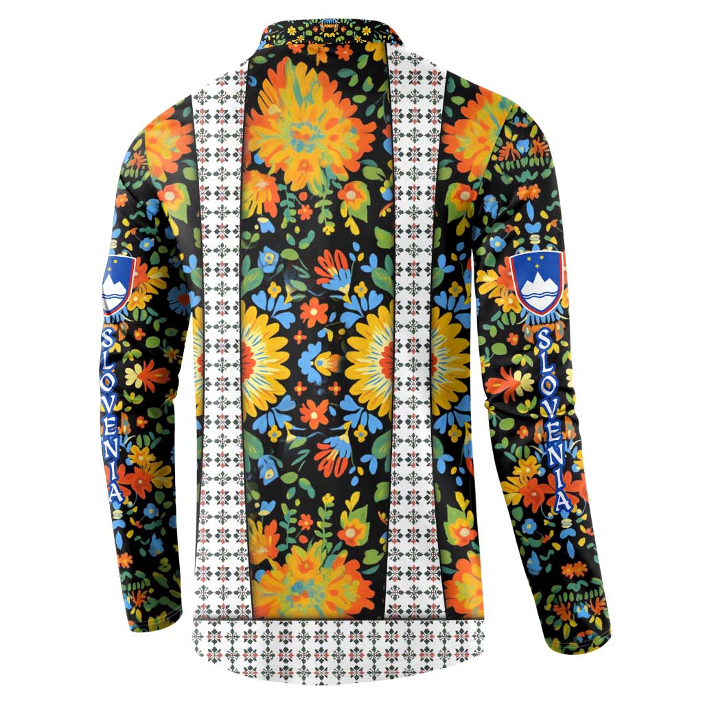 Slovenia Folk Art Button Sweatshirt Bright Floral Pattern with National Crest Emblem