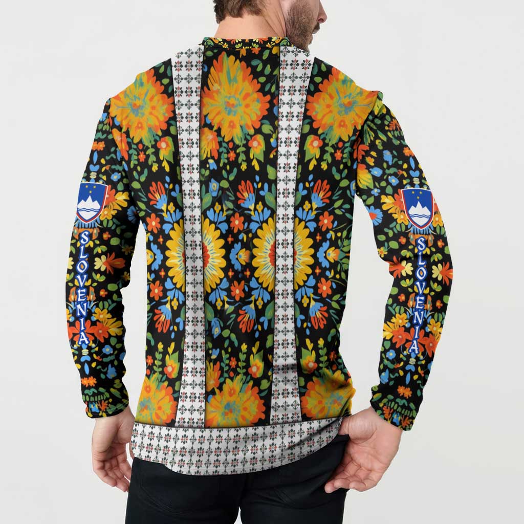 Slovenia Folk Art Button Sweatshirt Bright Floral Pattern with National Crest Emblem