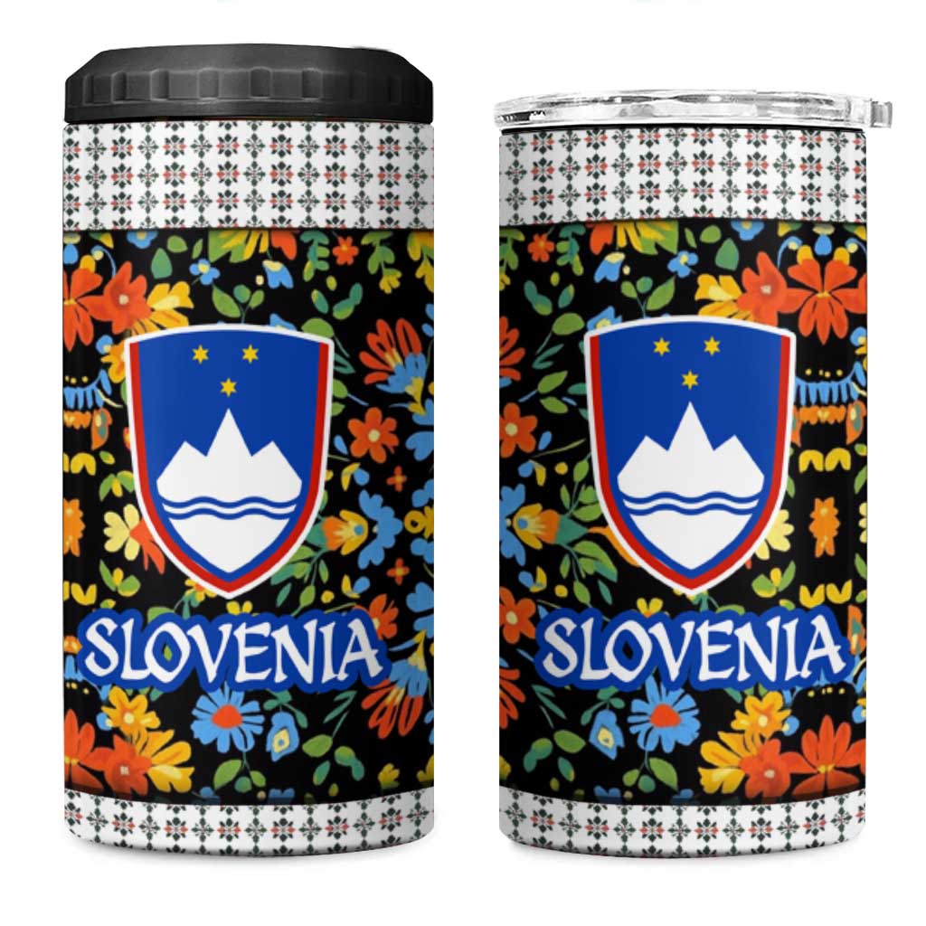 Slovenia Folk Art 4 in 1 Can Cooler Tumbler Bright Floral Pattern with National Crest Emblem