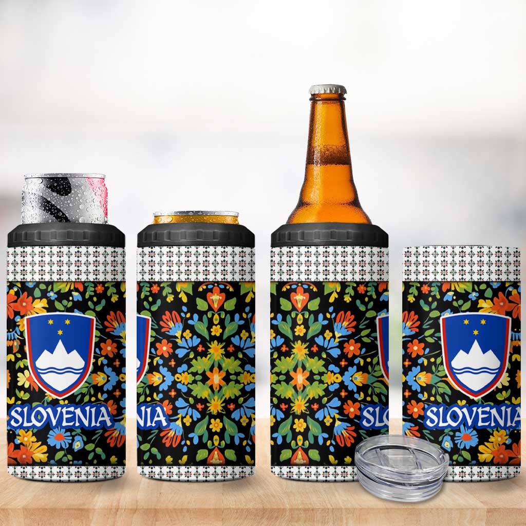 Slovenia Folk Art 4 in 1 Can Cooler Tumbler Bright Floral Pattern with National Crest Emblem