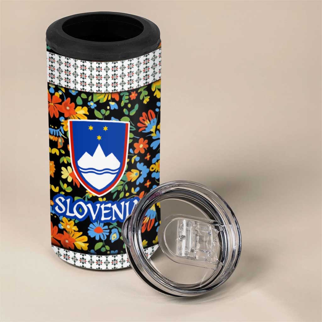 Slovenia Folk Art 4 in 1 Can Cooler Tumbler Bright Floral Pattern with National Crest Emblem