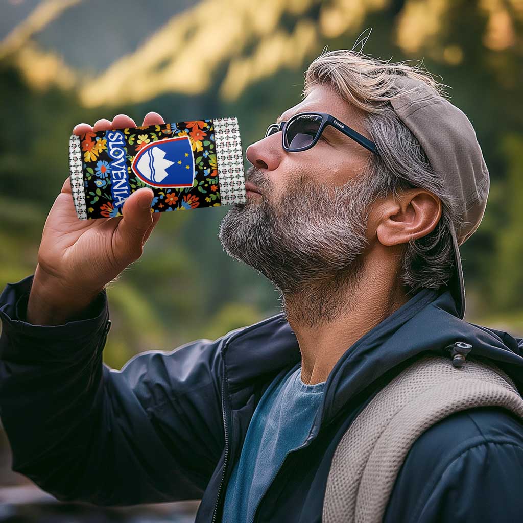 Slovenia Folk Art 4 in 1 Can Cooler Tumbler Bright Floral Pattern with National Crest Emblem