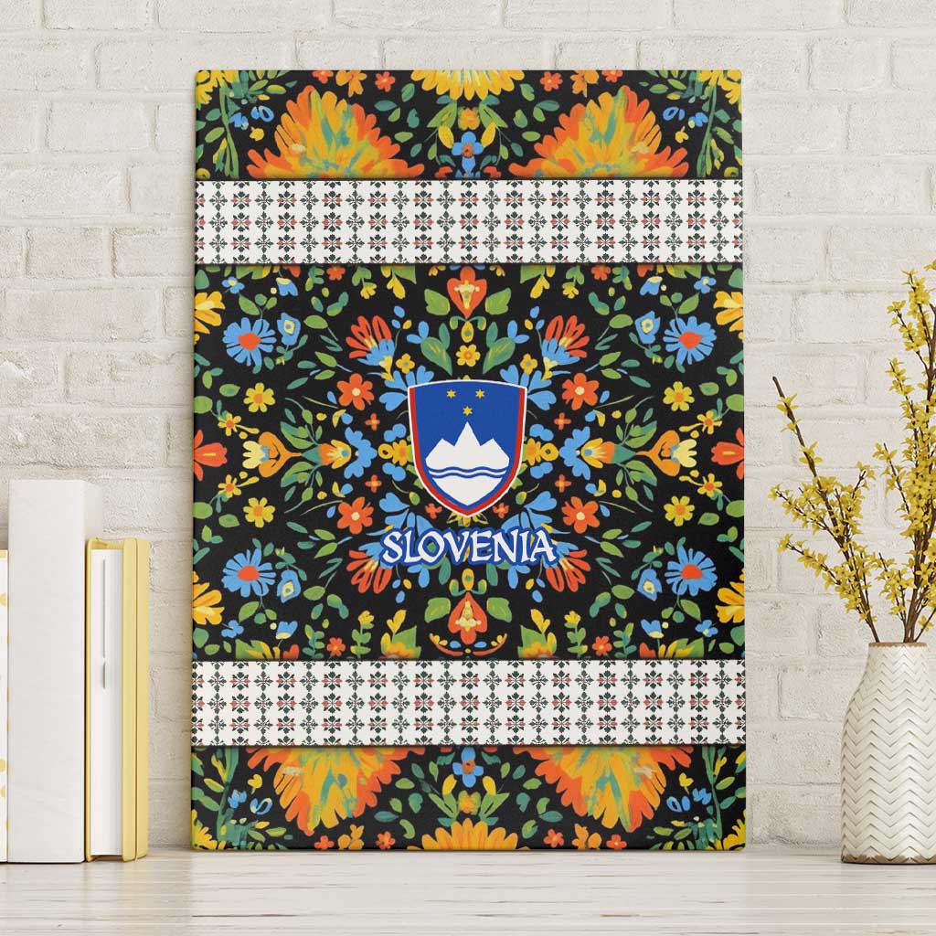 Slovenia Folk Art Canvas Wall Art Bright Floral Pattern with National Crest Emblem